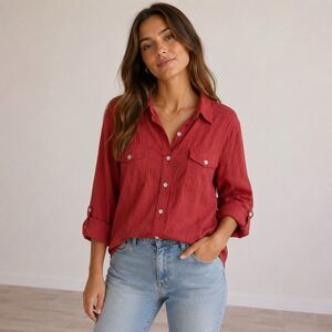 Chico's Red Button Down Shirt Blouse Lightweight Cotton Summer Sz Medium